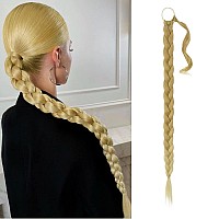 BARSDAR 34'' Long Braided Ponytail Extension with Hair Tie, Straight Wrap Around Ponytail DIY Natural Soft Synthetic Pony Tails Hair Pieces for Women Girls- Golden Blonde Ombre Bleach Blonde