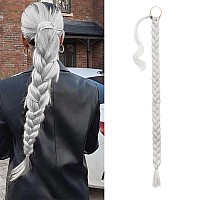 BARSDAR 34 Inch Long Braided Ponytail Extension with Hair Tie Straight Wrap Around Hair Extensions Pony Tail DIY Natural Soft Synthetic Hair Piece for Women Girls-Ash White