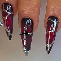 Babalal Stiletto Press On Nails Long Fake Nails Black Red Glue On Nails Almond Acrylic Nails With Goth Design Stick On Nails For