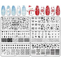 Whaline 6 Pieces Winter Nail Art Stamping Plates Kit Snowman Snowflake Pine Tree Sweater Image Stamp Templates Hello Winter Nail