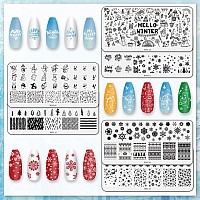 Whaline 6 Pieces Winter Nail Art Stamping Plates Kit Snowman Snowflake Pine Tree Sweater Image Stamp Templates Hello Winter Nail