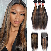 Haha Brown Highlight Human Hair Bundles With Closure Straight Ombre Bundles With Closure Colored Balayage 10A Remy Virgin Hair W