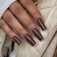 Dark Brown Press On Nails Medium Long Square Kxamelie Solid Color Coffin Fake Nails Kit Classic Opaque Acrylic Nails Set For Wom