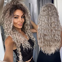 Gnimegil 26 Inch Long Wavy Wig For White Women Grey Ombre Wig Synthetic Heat Resistant Wig Fluffy Curling Hair Style For Daily P