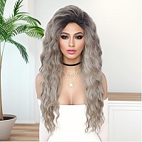 Gnimegil 26 Inch Long Wavy Wig For White Women Grey Ombre Wig Synthetic Heat Resistant Wig Fluffy Curling Hair Style For Daily P