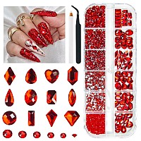 Qiipii 2052Pcs Red Nail Art Rhinestones Multi Shapes Crystal Flatback Rhinestones Gems Siam Red Round Beads K9 Glass Stones Diam