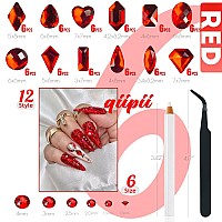 Qiipii 2052Pcs Red Nail Art Rhinestones Multi Shapes Crystal Flatback Rhinestones Gems Siam Red Round Beads K9 Glass Stones Diam