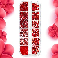 Qiipii 2052Pcs Red Nail Art Rhinestones Multi Shapes Crystal Flatback Rhinestones Gems Siam Red Round Beads K9 Glass Stones Diam