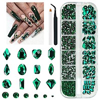 Qiipii 2052Pcs Emerald Green Nail Art Rhinestones Kit Green Nail Charms Multi Shapes Crystal Flatback Rhinestones Big Gems Rou