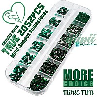 Qiipii 2052Pcs Emerald Green Nail Art Rhinestones Kit Green Nail Charms Multi Shapes Crystal Flatback Rhinestones Big Gems Rou