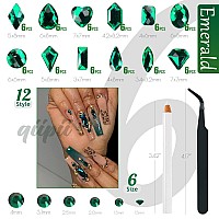 Qiipii 2052Pcs Emerald Green Nail Art Rhinestones Kit Green Nail Charms Multi Shapes Crystal Flatback Rhinestones Big Gems Rou