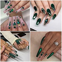 Qiipii 2052Pcs Emerald Green Nail Art Rhinestones Kit Green Nail Charms Multi Shapes Crystal Flatback Rhinestones Big Gems Rou