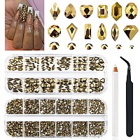 2250Pcs Mine golden Nail Rhinestones 120 Multi Shapes crystal Flatback Rhinestones gems 2130 Metallic gold Round Beads K9 glass Stones Diamonds jewels w Wax Pen for Nail Faces Eyes Makeup cloth Shoes