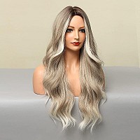 Jooler Ombre Ash Blonde Wigs For Women Long Wavy Synthetic Wig 24Inch Middle Part Wig With Dark Roots Natural Looking Heat Resis