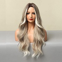 Jooler Ombre Ash Blonde Wigs For Women Long Wavy Synthetic Wig 24Inch Middle Part Wig With Dark Roots Natural Looking Heat Resis