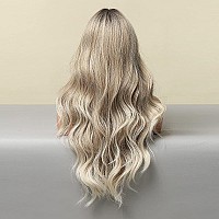 Jooler Ombre Ash Blonde Wigs For Women Long Wavy Synthetic Wig 24Inch Middle Part Wig With Dark Roots Natural Looking Heat Resis