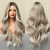 Jooler Ombre Ash Blonde Wigs For Women Long Wavy Synthetic Wig 24Inch Middle Part Wig With Dark Roots Natural Looking Heat Resis