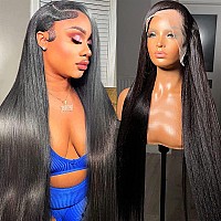 Queen Story 36 Inch Straight Lace Front Wigs Human Hair 180% Density 13x4 Brazilian Human Hair Wig with Baby Hair Pre Plucked Natural Hairline Wigs for Black Women (36inch, Natural Color)