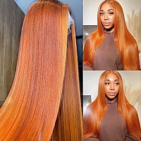 Hermosa 13x4 Ginger Orange Straight Lace Front Wigs Human Hair Pre Plucked 180 Density Glueless HD Transparent Lace Frontal Human Hair Wigs for Women 28 inch