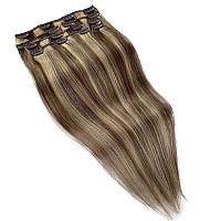 Licoville Clip In Hair Extensions Human Hair Medium Brown With Bleach Blonde 12 Inch Short Real Human Hair Extensions Clip Ins D