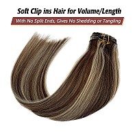 Licoville Clip In Hair Extensions Human Hair Medium Brown With Bleach Blonde 12 Inch Short Real Human Hair Extensions Clip Ins D