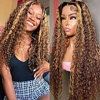 Aveiyce Highlight Ombre Hd Transparent 13X4 Lace Front Wigs Human Hair 180 Density Honey Blonde 427 Deep Wave Lace Front Wigs