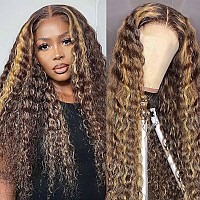 Aveiyce Highlight Ombre Hd Transparent 13X4 Lace Front Wigs Human Hair 180 Density Honey Blonde 427 Deep Wave Lace Front Wigs