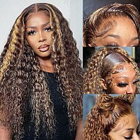 Aveiyce Highlight Ombre Hd Transparent 13X4 Lace Front Wigs Human Hair 180 Density Honey Blonde 427 Deep Wave Lace Front Wigs