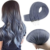 RUNATURE Haze Blue Micro Beads Real Human Hair Extensions Micro Loop Hair Extensions Straight Micro Ring Human Hair Extensions Haze Blue 22 Inch 25g 25 Strands