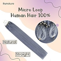 RUNATURE Haze Blue Micro Beads Real Human Hair Extensions Micro Loop Hair Extensions Straight Micro Ring Human Hair Extensions Haze Blue 22 Inch 25g 25 Strands