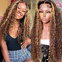 Aveiyce Highlight Ombre Hd Transparent 13X4 Lace Front Wigs Human Hair 180 Density Honey Blonde 427 Deep Wave Lace Front Wigs