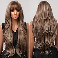 Allbell Brown Wigs For Black Women Long Wavy Ombre Blond Wigs With Bangs Synthetic Wig Hair Repalcement Wigs