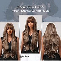 Allbell Brown Wigs For Black Women Long Wavy Ombre Blond Wigs With Bangs Synthetic Wig Hair Repalcement Wigs