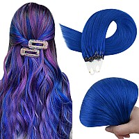 RUNATURE Blue Micro Beads Real Human Hair Extensions Micro Loop Hair Extensions Straight Micro Ring Human Hair Extensions Blue 22 Inch 25g 25 Strands