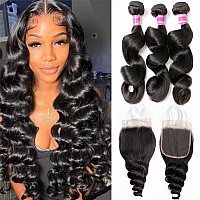 10A Loose Wave Bundles With Closure 100 Unprocessed Brazilian Virgin Human Hair 3 Bundles With 4X4 Lace Closure Free Part Loose