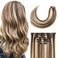 Clip in Hair Extensions 70G Medium Brown to Blonde 100% Remy Human Hair Clip in Extensions Straight for Fashion Women 7pcs 16clips One Pack (12Inch #4P613)