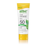 Alba Botanica Sunscreen for Face, Fragrance-Free Sheer Mineral Face Sunscreen Lotion, Broad Spectrum SPF 50, Water Resistant and Biodegradable, 2 fl. oz. Bottle