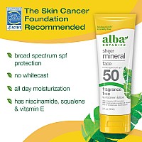 Alba Botanica Sunscreen for Face, Fragrance-Free Sheer Mineral Face Sunscreen Lotion, Broad Spectrum SPF 50, Water Resistant and Biodegradable, 2 fl. oz. Bottle