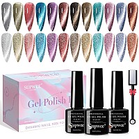 Supwee Reflective Cat Eye Gel Nail Polish Sparkling Holographic Magnetic Nail Polish Gel 9D Cateye Gel Polish Set 12 Colors With