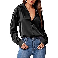 Hotouch Silk Black Button Up Shirt Women Satin Blouse V-Neck casual Long Sleeve Winter Business Tunic Tops(Black 3XL)