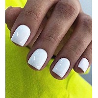 Morily Press On Nails White Fake False Nails Short Square For Women Solid Color Glossy Squoval Stick On Fingernails With Adhe