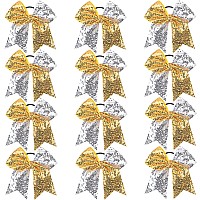 Oaoleer 12 Count 7 Cheer Bow Handmade Sequin Glitter Ribbon Hair Tie For Cheerleading Team Sports Girls Hair Accessories Go