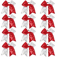 Oaoleer Glitter Hair Bows For Girls 12Pcs Large Sparkly Ponytail Holders With Elastic Band For Cheerleading And Sports Silver