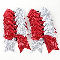 Oaoleer Glitter Hair Bows For Girls 12Pcs Large Sparkly Ponytail Holders With Elastic Band For Cheerleading And Sports Silver