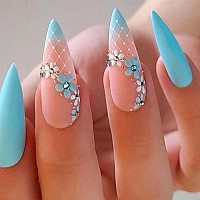 Rikview Almond Press On Nails Long Fake Nails Blue Nails For Women Matte Acrylic Nails With Flowers Design