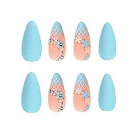 Rikview Almond Press On Nails Long Fake Nails Blue Nails For Women Matte Acrylic Nails With Flowers Design