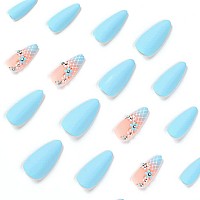 Rikview Almond Press On Nails Long Fake Nails Blue Nails For Women Matte Acrylic Nails With Flowers Design