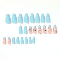 Rikview Almond Press On Nails Long Fake Nails Blue Nails For Women Matte Acrylic Nails With Flowers Design