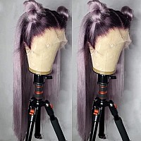 QD-Tizer Synthetic Lace Front Wigs Purple Long Straight Lace Front Wig Light Purple Ombre Color Free Part Lace Wig Natural Hair 24 inch