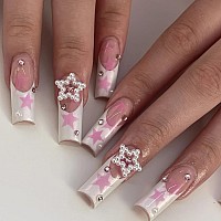 Babalal Long Press On Nails Coffin Fake Nails White Glue On Nails Acrylic Nails Ballerina Stick On Nails For Women And Girls 24P